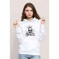 Rock'n Roll Baskılı Beyaz Kadın Kapşonlu Sweatshirt