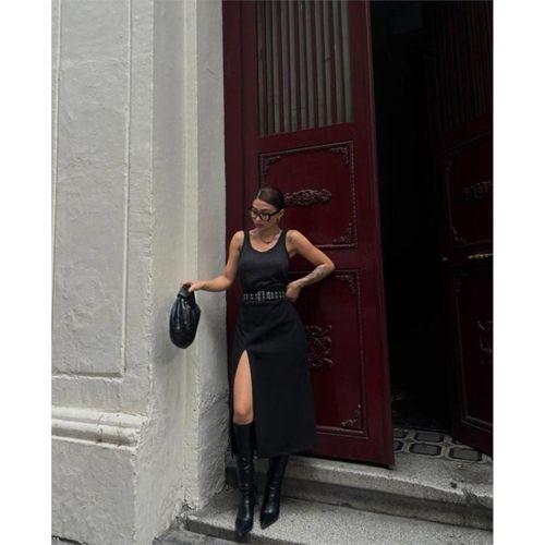 SÜET KALEM ETEK YIRTMAÇ DETAYLI - Siyah