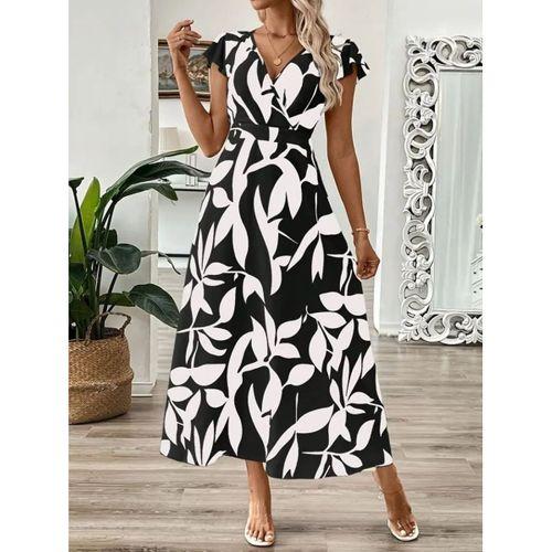 Kadın Kısa Kelebek Kollu Kruvaze Yaka Desenli Süprem Elbise