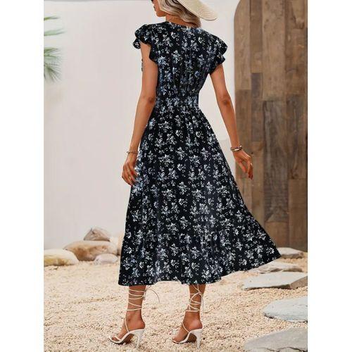 Kadın Kısa Kollu Kruvaze Yakalı Beli Lastikli çiçek Desenli Elbise