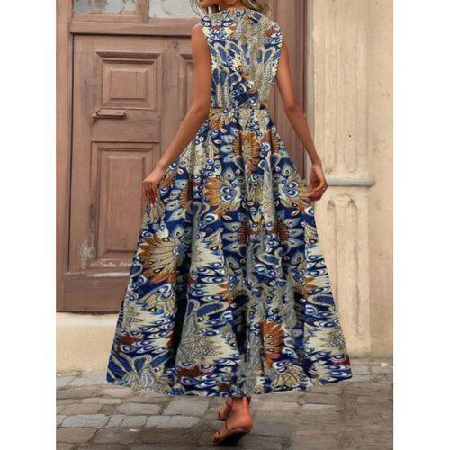 Kadın Askılı Kruvaze Yakalı Uzun Desenli Kemersiz Süprem Elbise