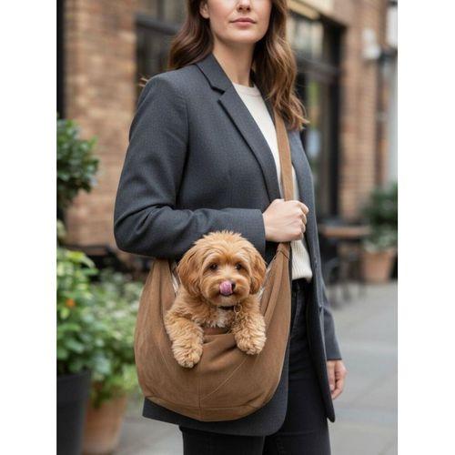 Açık Kahve Güderi Dokulu Köpek Taşıma Çantası – Emniyet Kemerli