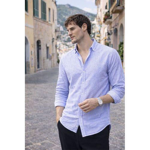 Dik Şerit Çizgili Flamlı Pamuk Gömlek - Mavi