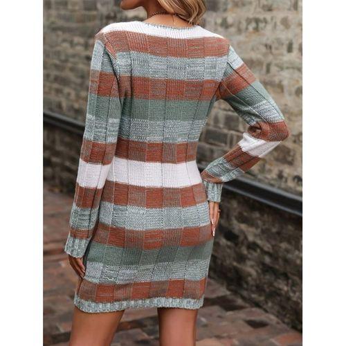 Kadın Uzun Kollu V Yakalı çizgili çok Renkli Triko Mini Elbise