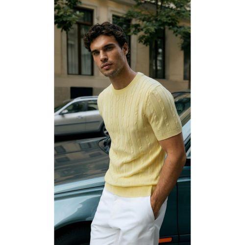 Erkek Örgü Desen Bisiklet Yaka Triko Tişört - %100 Pamuk Akrilik