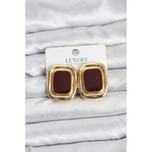 Bordo Mineli Kare Gold Renk Vintage Kadın Küpe