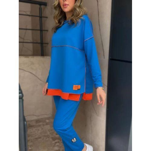 Pilelistore Kadın Indigo Kapşonlu Etek Ucu Detay Arma Ters Dikiş Gorunumlu Ikili Takım