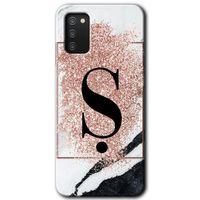 MRCİLETİSİM Samsung Galaxy A02s Kılıf Baskılı Kapak - Pembe Mermer Desenli Ş Harfi + 5D Tam Kaplayan Cam