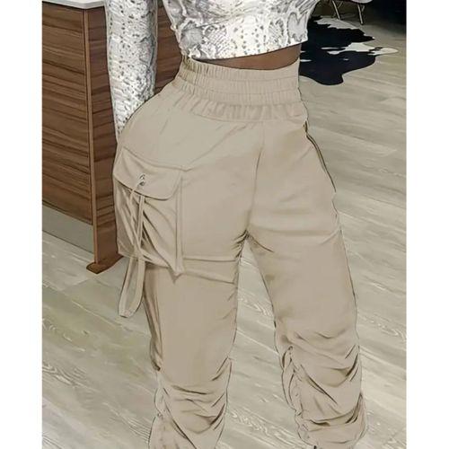 Kadın Yüksek Bel Beli Lastikli Kargo Cep Detaylı Gabardin Pantolon