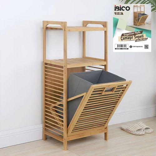 2 Katlı Bambu Çamaşır Sepeti Önden Çek-Aç Organizer 40x35x95 cm