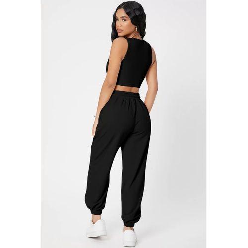 Kadın Siyah Kaşkorse Cepli Jogger Eşofman Altı Ve Crop Top Bluz