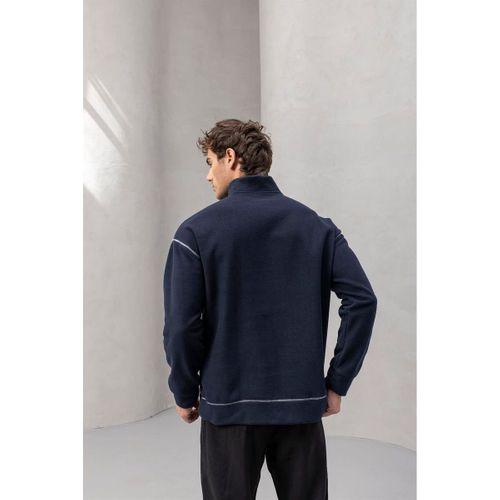 Crowe Çizgi Şeritli Oversize Yarım Fermuar Polar Erkek Sweatshirt - Lacivert