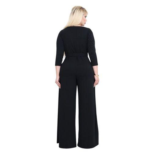 Melsay Butik Modal Kruvaze Yaka Siyah Taş Baskılı Büyük Beden Tulum