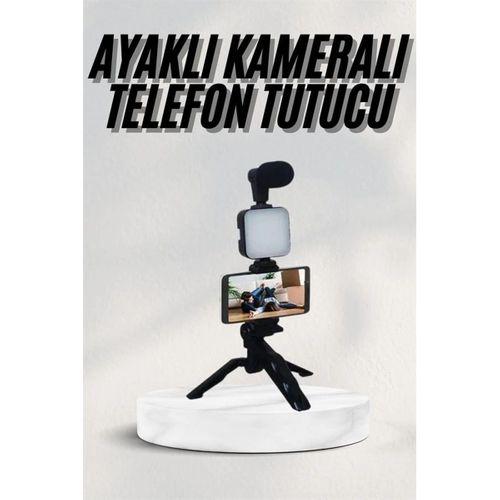 Telefon Tutucu Led Işıklı Kumandalı Mikrofon Telefon Vlog Video Kayıt