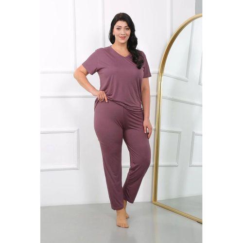 Kadın Büyük Beden Kısa Kol Penye Pijama Takımı Mürdüm