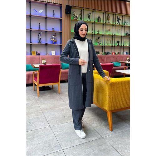 Kapşonlu Belden Bağlamalı Fermuarlı Sade Basic Uzun Tunik ve Pantolon İkili Spor Takım - 03065.017 - Antrasit