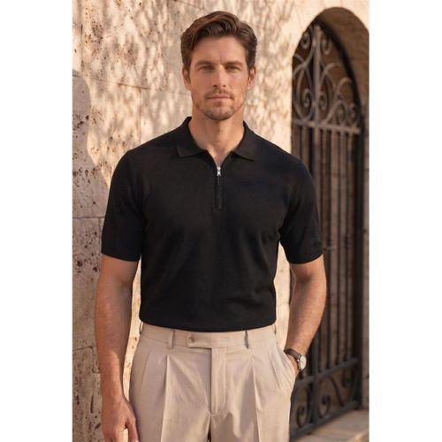 Linus Fermuarlı Polo Yaka Kısa Kollu İnce Triko Erkek T-Shirt - Siyah