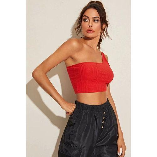 Kadın Kırmızı Fit Görünümlü Tek Omuz Crop Top Büstiyer