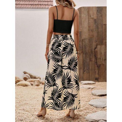 Kadın Ip Askılı Yuvarlak Yaka Kısa Viskon Bluz Ve Desenli Yırtmaçlı Süprem Etek Ikili Takım