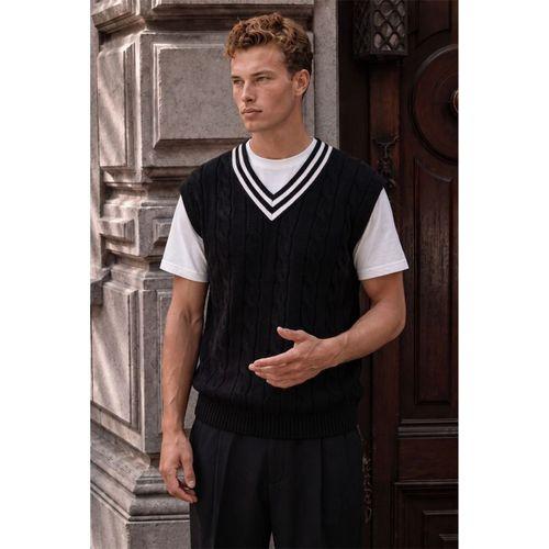 Oxford Relaxed Fit Şerit Yakalı Saç Örgülü V Yaka Erkek Triko Süveter - Siyah