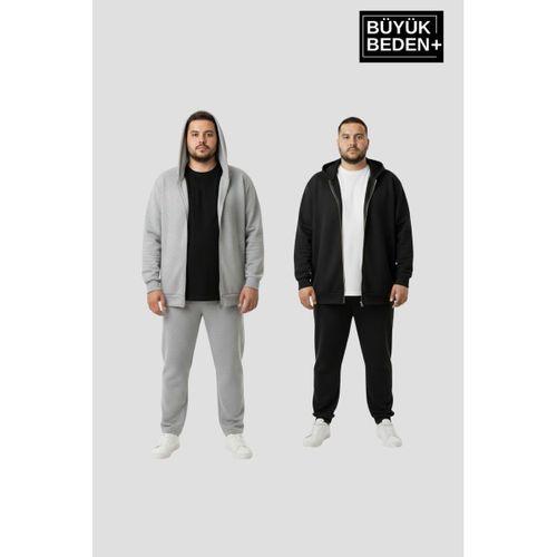 Erkek Büyük Beden Fermuarlı Kapüşonlu 2 li Set ince Sweatshirt Hırka - Rahat Kalıp SPR26BHR960+2