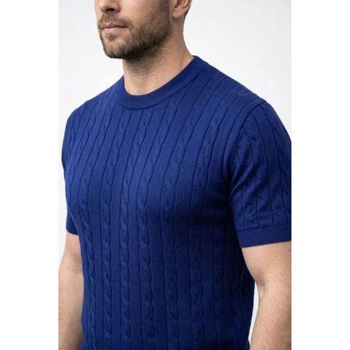 Erkek Yazlık Triko Dokuma Tişört Kısa Kol Bisiklet Yaka Örgü Desenli T-Shirt - Lacivert