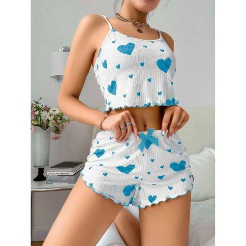 Kadın Beyaz Mavi Kalp Desenli Askılı Şortlu Pijama Takımı Rahat Şık 2’li Set