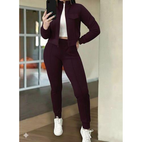 Kadın Uzun Kollu önden Fermuarlı Kısa Modal Mor Ceket Ve Pantolon Ikili Takım