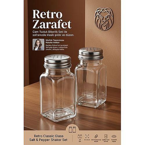 Retro Klasik 304 Paslanmaz Çelik Başlıklı Cam Tuzluk Biberlik Seti 9x4 cm 2li Baharatlık 723681