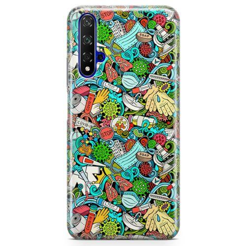 Huawei Nova 5t Kılıf Covid-19 Doodle Arka Kapak Koruma Desenli Full Koruyucu