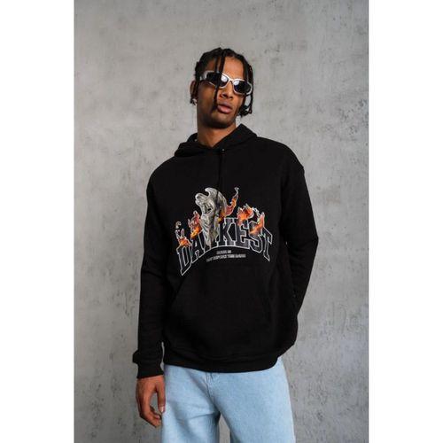 Erkek Oversize Kapüşonlu Sweatshirt – Siyah Renk Üç İplik İçi Pamuklu Kanguru Cepli Baskılı Hoodie Rahat Kalıp Kışlık Günlük Kombinlere Uygun - Siyah