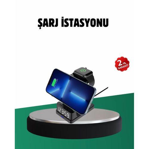 Kablosuz Şarjlı Dijital Masa Saati – 3 Parlaklık Seviyeli Led, Hızlı Şarj, Apple Uyumlu
