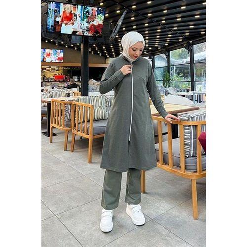 Göğüsten Detaylı Fermuarlı Sade Basic Eşofman Spor İkili Takım - 03063.005 - Haki