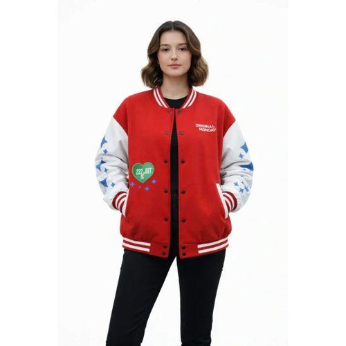 Kırmızı Varsity Çıtçıtlı Baskılı Oversize Kalıp Kolej Ceket - Kırmızı