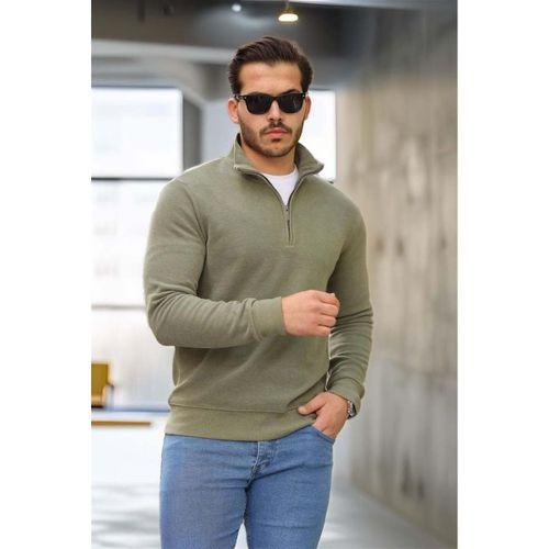 Selanik Örme Kumaş Yarım Fermuar Erkek Sweatshirt - Haki