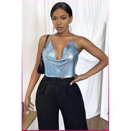 Kristal Mavi Taşlı Parlak Crop & Bluz Kolsuz Kayık Yaka Parti Plaj Büstiyer