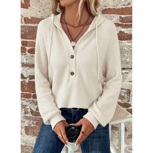 Kadın Uzun Kollu Kapşonlu önü Düğmeli Ve Bağcıklı Waffle Bluz