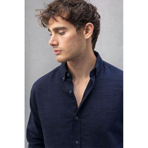 Pera Kumaş Keten Görünümlü Yarım Oversize Uzun kollu Erkek Gömlek - Lacivert