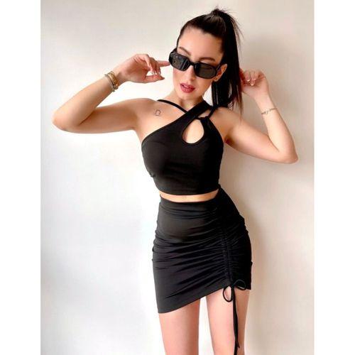 Kadın Asimetrik Yaka Detay Crop Ve Yüksek Bel Mini Etek Ikili Takim