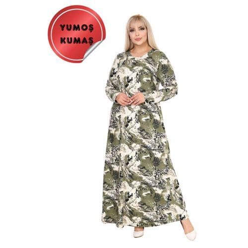 Melsay Butik Yumoş Kumaş Yeşil Batik Desen Uzun Kollu Kadın Tesettür Elbise