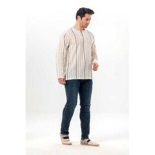 Büyük Beden Uzun Kol Şile Bezi Bisiklet Yaka Yazlık Tshirt Ekru Gri Çizgili 3028