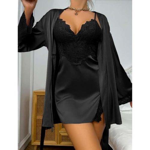 Dantel İşlemeli İnce Askılı Siyah 2'li Saten Gecelik Sabahlık Takımı