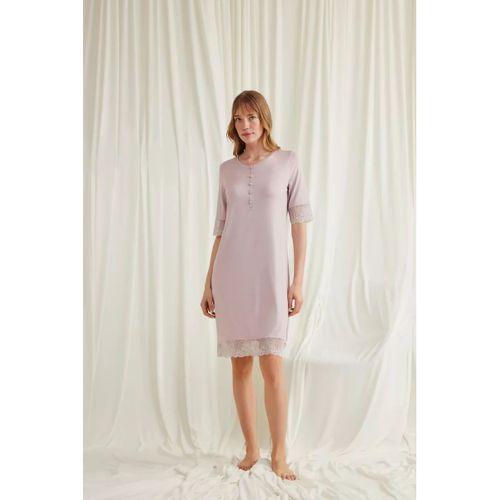 Dantel Detaylı Kısa Kollu Ve Önü Düğmeli Gecelik