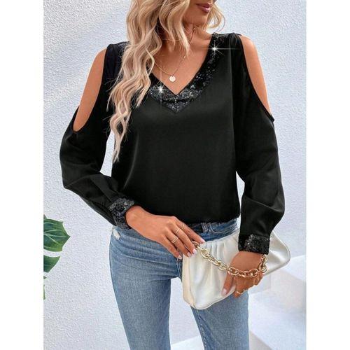 Kadın Uzun Kollu V Yakalı Omuzlardan Açık Sandy Bluz