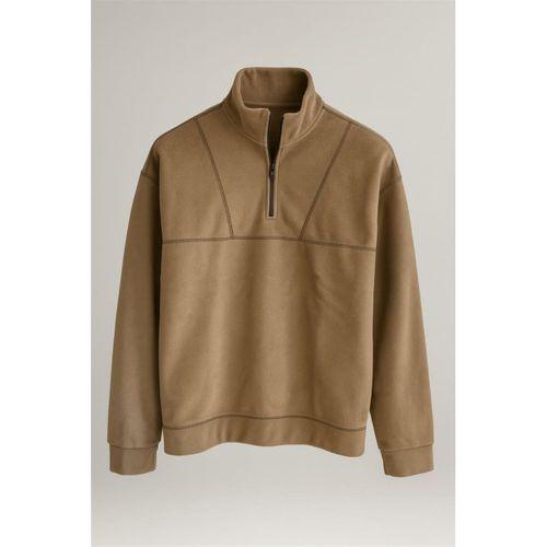 Crowe Çizgi Şeritli Oversize Yarım Fermuar Polar Erkek Sweatshirt - Bej
