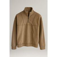 Crowe Çizgi Şeritli Oversize Yarım Fermuar Polar Erkek Sweatshirt - Bej