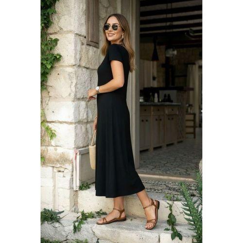 Kadın Kısa Kollu V Yakalı Yırtmaçlı Midi Viskon Elbise