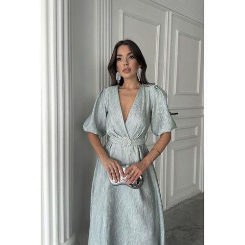 Mint Işıltılı Kemerli Kruvaze Elbise