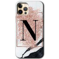 BeRa Aksesuar iPhone 12 Pro Max Kılıf Baskılı Kapak - Pembe Mermer Desenli N Harfi +Tam Kaplayan Mat Seramik