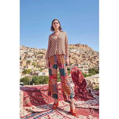 Etnik Desenli Saten Alt Üst Takım